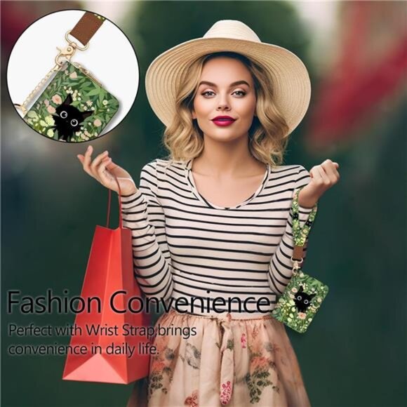 Credit Card Holder for Women, Wristlet Black Cat Flower - Picture 2 of 6